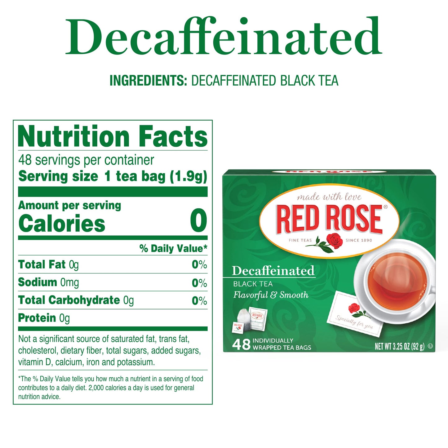 Red Rose Naturally Decaffeinated Black Tea Specially Blended Strong Black Tea with 48 Individually Wrapped Tea Bags Per Box (Pack of 4) Brew Hot/Cold Decaf Black Tea Full-bodied Flavorful Black Tea