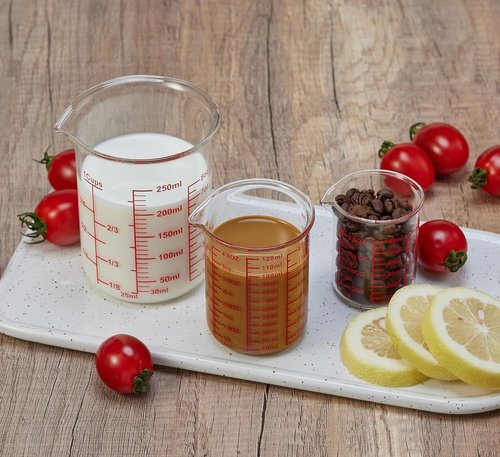 Ackers High Borosilicate Glass Measuring Cup Set - Easy-To-Read Pour Spout Beakers | 60ml, 120ml, 250ml