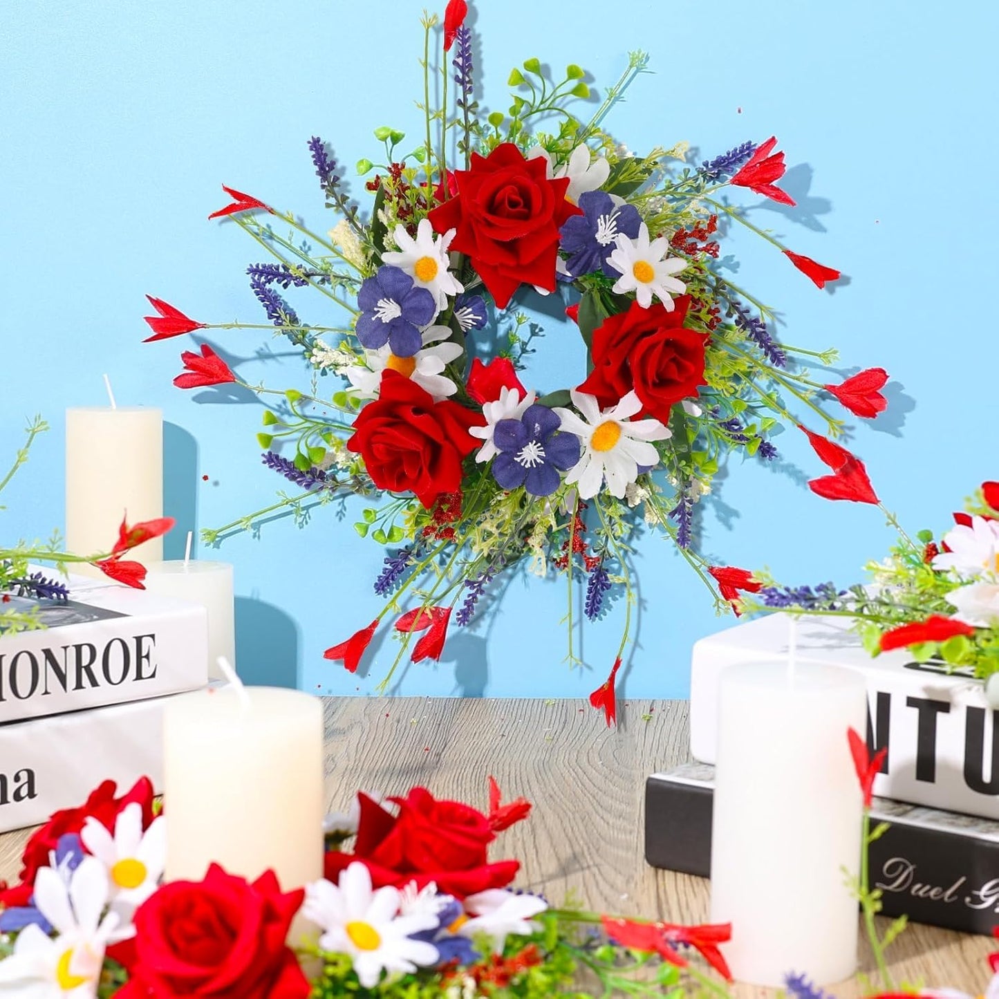 Veterans Day Candle Rings - 4 Pcs Red, White & Blue Mini Floral Wreaths for Patriotic Decor