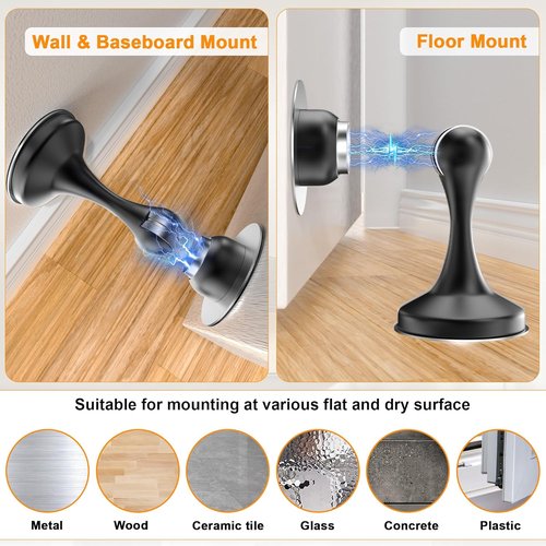 Crosize Magnetic Door Stoppers - Stainless Steel Wall & Floor Mount Door Holders | No Drill, 2 Pack, Black