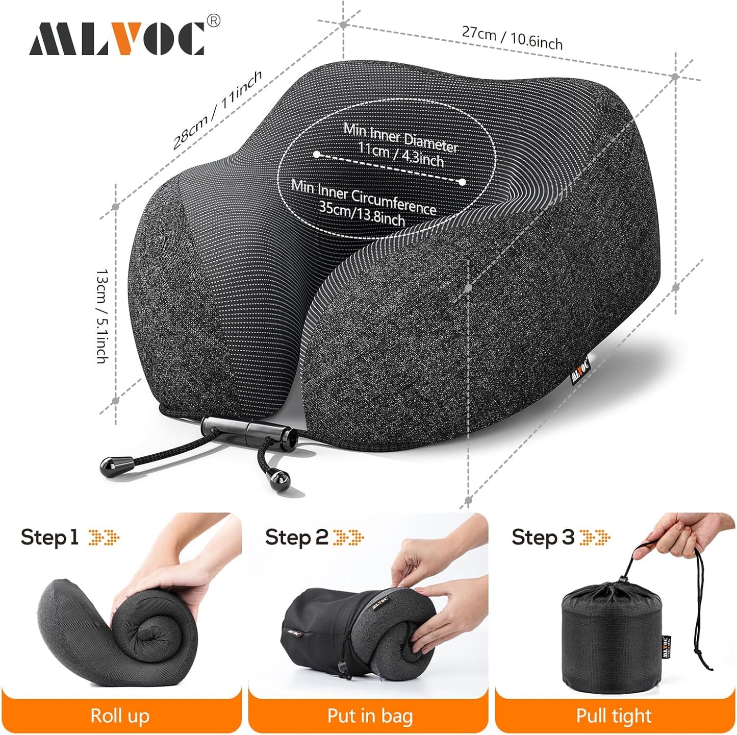 MLVOC Travel Neck Pillow - Upgraded 100% Pure Memory Foam for Airplane Comfort | Includes 3D Eye Mask & Earplugs, Black