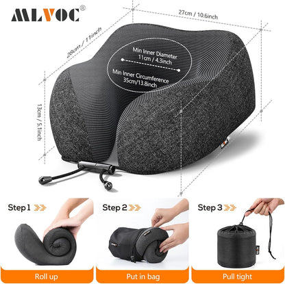 MLVOC Travel Neck Pillow - Upgraded 100% Pure Memory Foam for Airplane Comfort | Includes 3D Eye Mask & Earplugs, Black
