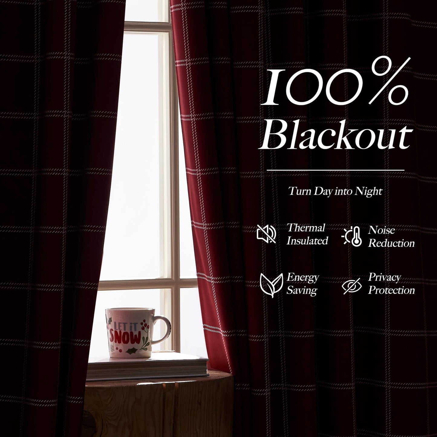 NICETOWN 100% Blackout Red Plaid Farmhouse Curtains 84 Inch Long 2 Panels Set for Living Room Checkered Drapes Thermal Insulated Privacy Protection Rod Pocket Back Tab, 52" W