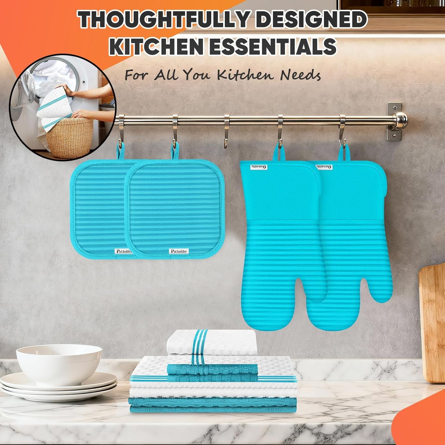 Skiennix Oven Mitts Set - 500°F Heat Resistant with Silicone Grip | Includes 2 Gloves, 2 Potholders & 8 Towels
