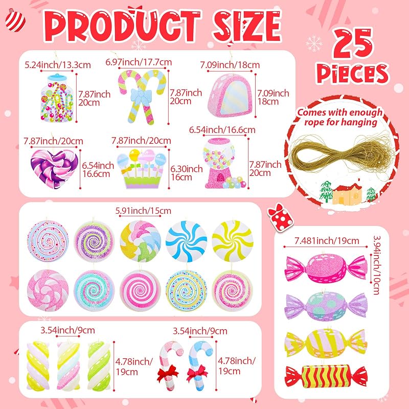 Pastel Christmas Candy Cane Ornaments Set — 25 Double-Sided Corrugated Plastic Decorations
