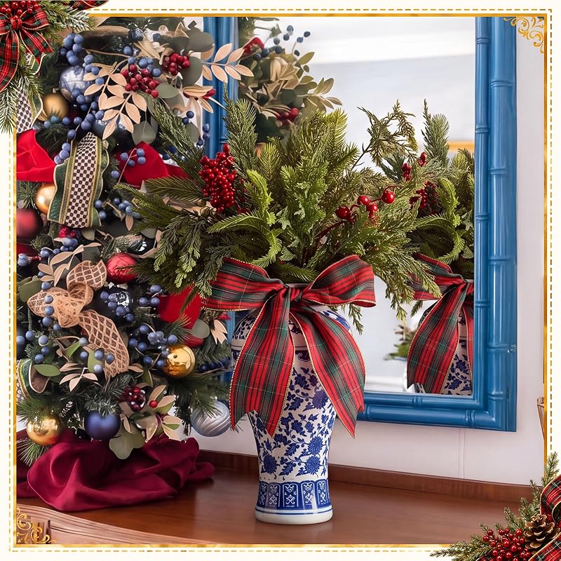 Blue and White Chinoiserie Vase with Plaid Ribbon Decor Set