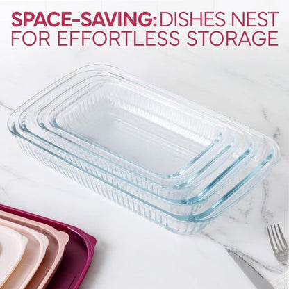 Cook With Color 8-Piece Deep Glass Baking Dish Set - Versatile Casserole & Food Storage Containers | Freezer-to-Oven, Microwave & Dishwasher Safe, Fluted Rose