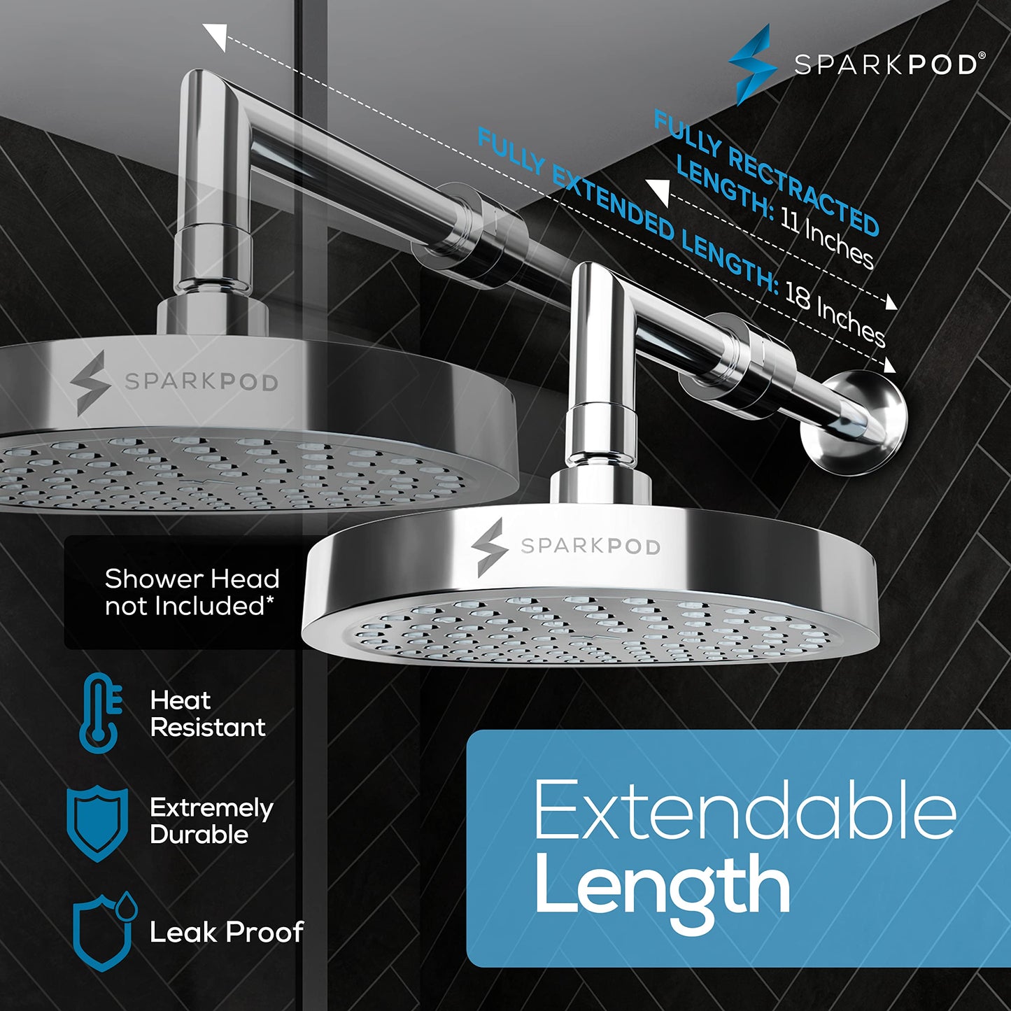 SparkPod 11 Inch Expandable Shower Arm with Flange - Solid Stainless Steel Shower Head Extension Arm, Wall-Mounted - Extends up to 18" - Plumber's Tape Included (Expandable, Luxury Polished Chrome)