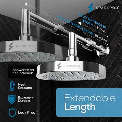 SparkPod 11 Inch Expandable Shower Arm with Flange - Solid Stainless Steel Shower Head Extension Arm, Wall-Mounted - Extends up to 18" - Plumber's Tape Included (Expandable, Luxury Polished Chrome)