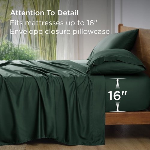 Bedsure Queen Sheet Set - Cooling Rayon Bamboo Sheets | Breathable & Soft, Deep Pocket 16" - Forest Green