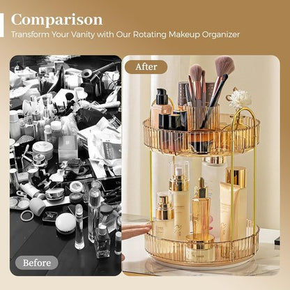 Aveniee 360 Rotating Makeup Organizer - Upgraded Two-Tier Vanity Storage for Perfume & Skincare - Gold