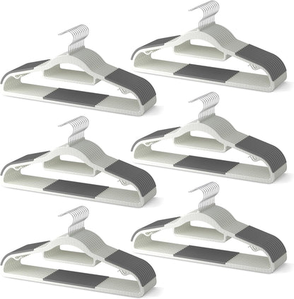 Skiennix Heavy Duty Plastic Hangers - Non-Slip Design with Rubber Pads & 360° Hook | Space-Saving Gray Closet Organizer for Shirts, Pants, and Coats - 60 Pack
