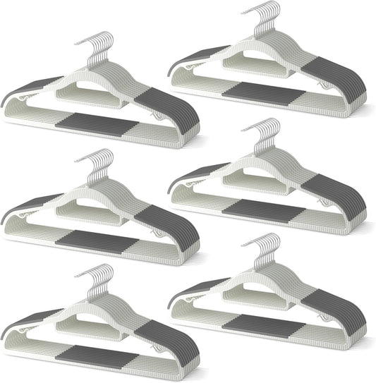 Skiennix Heavy Duty Plastic Hangers - Non-Slip Design with Rubber Pads & 360° Hook | Space-Saving Gray Closet Organizer for Shirts, Pants, and Coats - 60 Pack