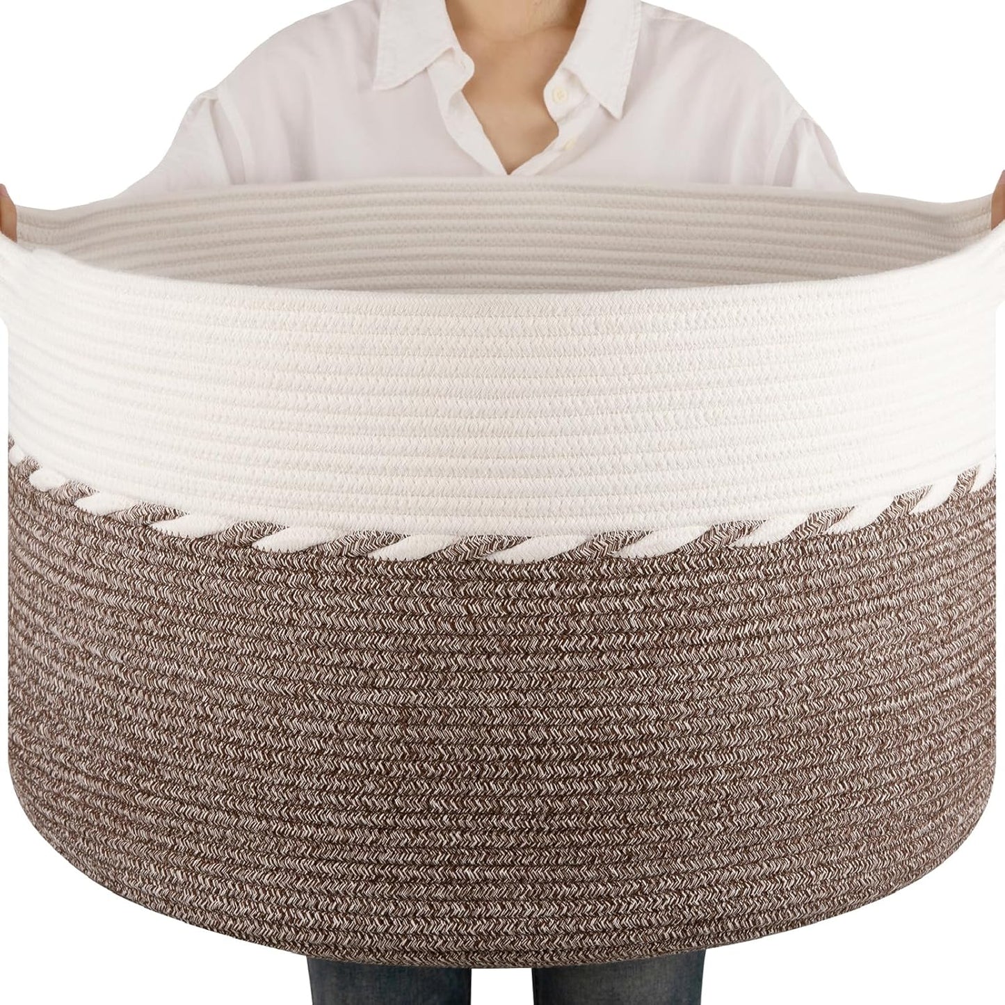 OIAHOMY 90L Blanket Basket - Large 23" x 23" x 13" Storage Solution for Blankets, Toys & Laundry - Brown & White