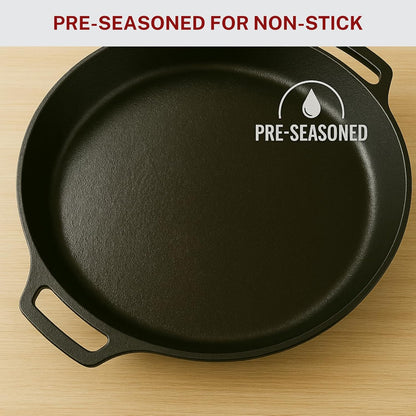 Skiennix 20-Inch Cast Iron Skillet - Pre-Seasoned Heavy Duty Pan with Dual Handles & Cleaner Scrubber | Perfect for Grill, Oven, Stove & Campfire Cooking
