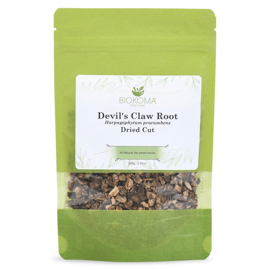 Biokoma Pure and Natural Devil's Claw Root Dried Cut 100g (3.55oz) in Resealable Moisture Proof Pouch - Herbal Tea, No Additives, No Preservatives, Kosher