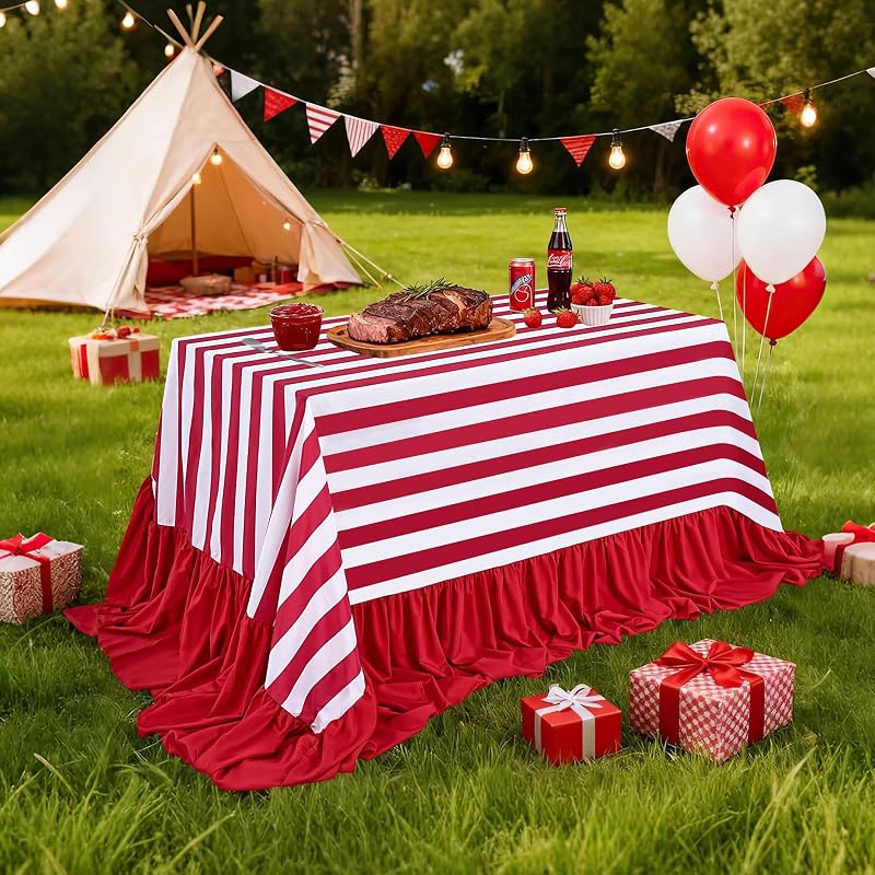 Red & White Striped Ruffle Tablecloth 80x120 In Waterproof Polyester - Birthday Wedding Dinner