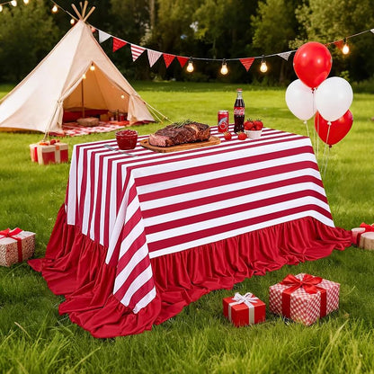 Red & White Striped Ruffle Tablecloth 80x120 In Waterproof Polyester - Birthday Wedding Dinner