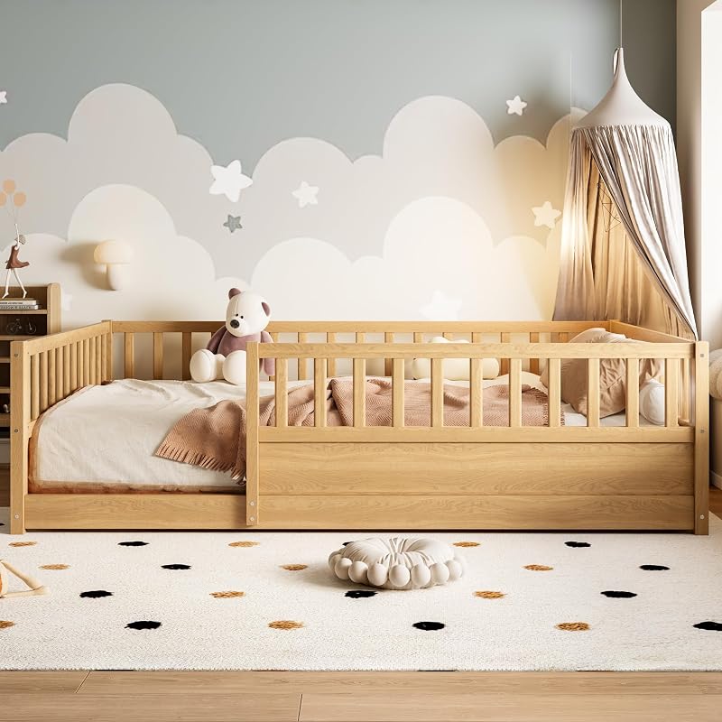 Montessori Floor Bed Full Size with High Guardrails – Natural + Full (Bellemave)