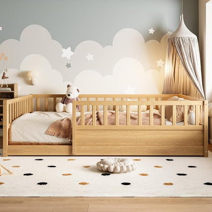 Montessori Floor Bed Full Size with High Guardrails – Natural + Full (Bellemave)