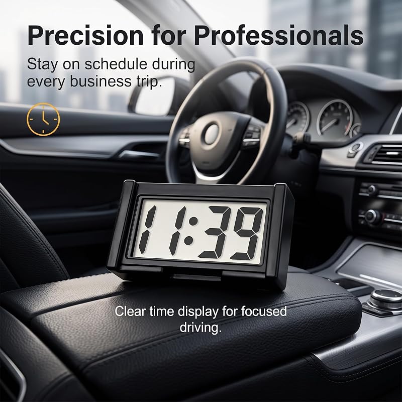 Small Digital Clock with Calendar Display – Self-Adhesive LCD Desk/Car Clock (Black)