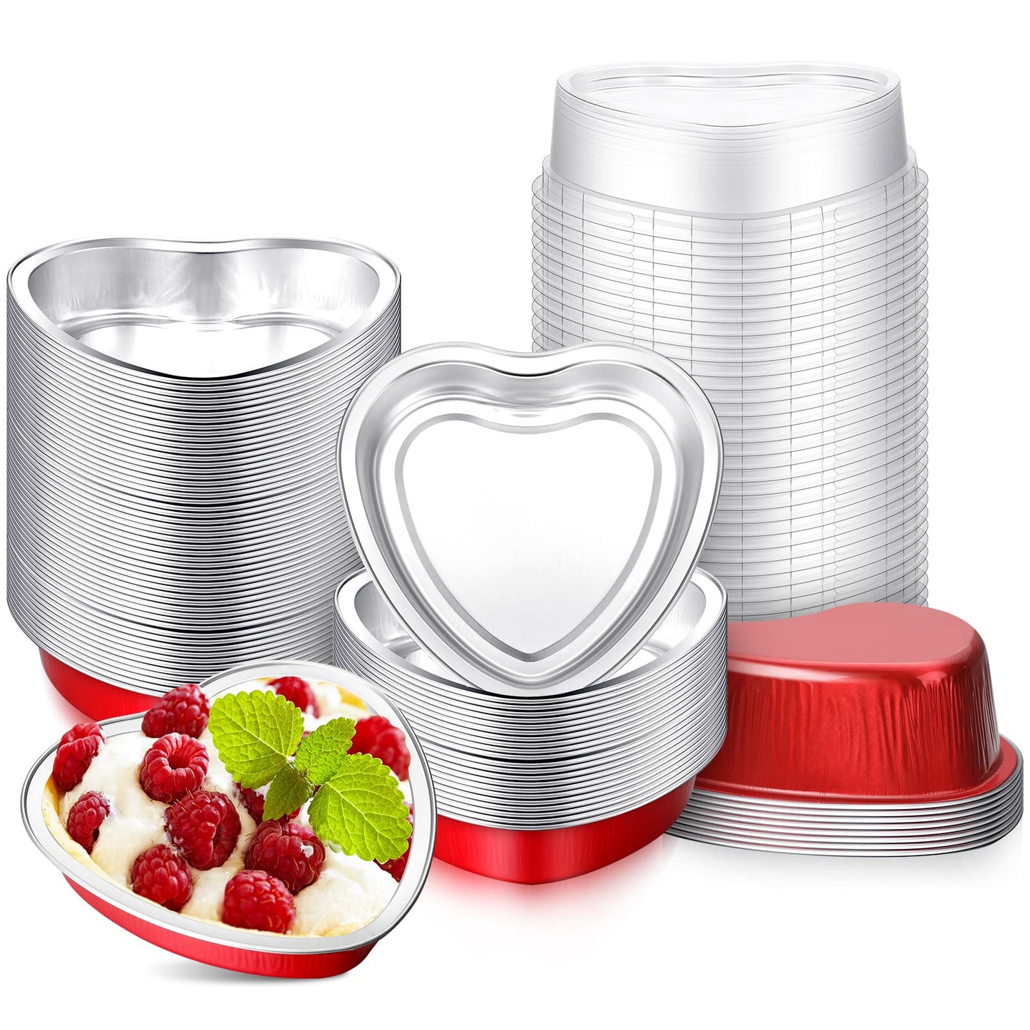 Yinkin 50 Set 9 oz Mother's Day Heart Shaped Cake Pans 5.4 Inch Heart Aluminum Foil Cupcake Pans with Lids Disposable Dessert Baking Cups Pans for Mother Valentine Wedding Birthday Muffin Pie(Red)