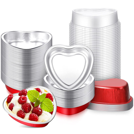 Yinkin 50 Set 9 oz Mother's Day Heart Shaped Cake Pans 5.4 Inch Heart Aluminum Foil Cupcake Pans with Lids Disposable Dessert Baking Cups Pans for Mother Valentine Wedding Birthday Muffin Pie(Red)