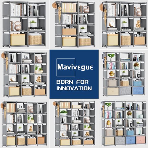 Mavivegue Bookshelf - Extra Large 18-Cube Storage Organizer | Grey Tall Bookcase for Home & Office