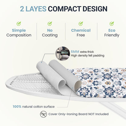 UniSimp Ironing Board Cover - Extra Thick Natural Cotton, Scorch & Stain Resistant | 18"x49" Floral Design