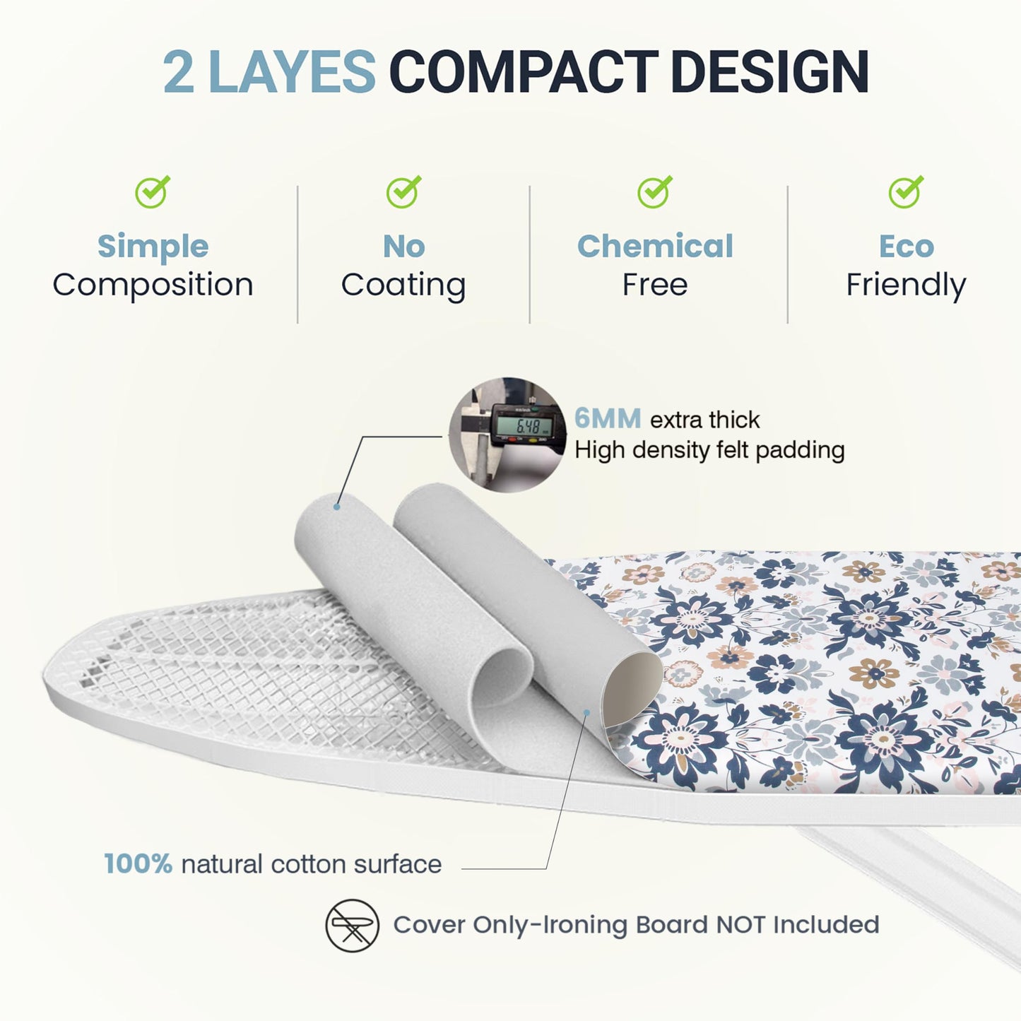UniSimp Ironing Board Cover and Pad 18"x49" Extra Thick Natural Cotton,Scorch and Stain Resistant Iron Board Cover,Wide Ironing Board Cover with Fasteners Heavy Duty Heatproof Elastic Edge Floral