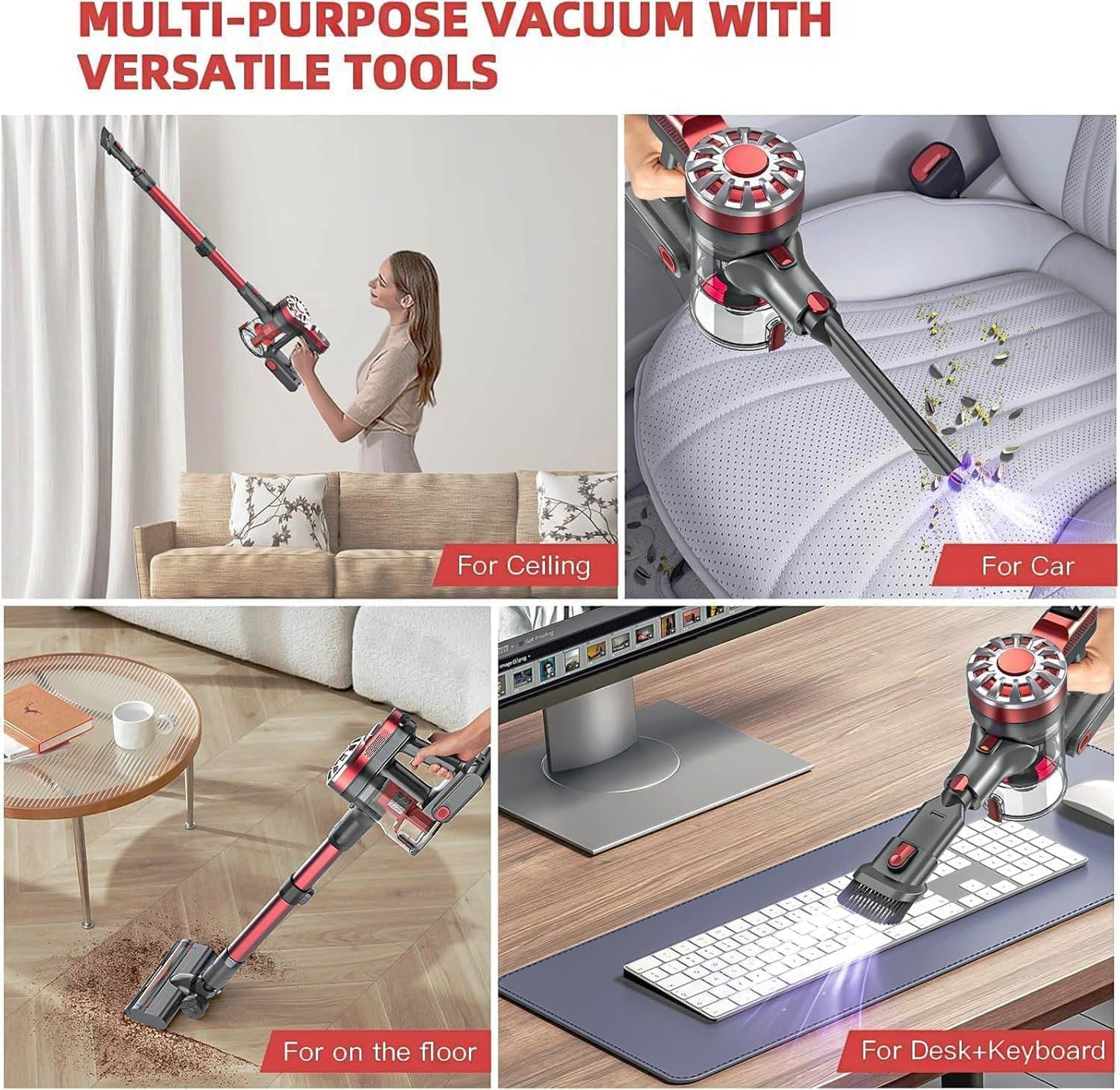 WLOTPO Cordless Vacuum Cleaner - Lightweight Rechargeable Stick Vacuum with Powerful Suction | 35 Min Runtime, Red Grey