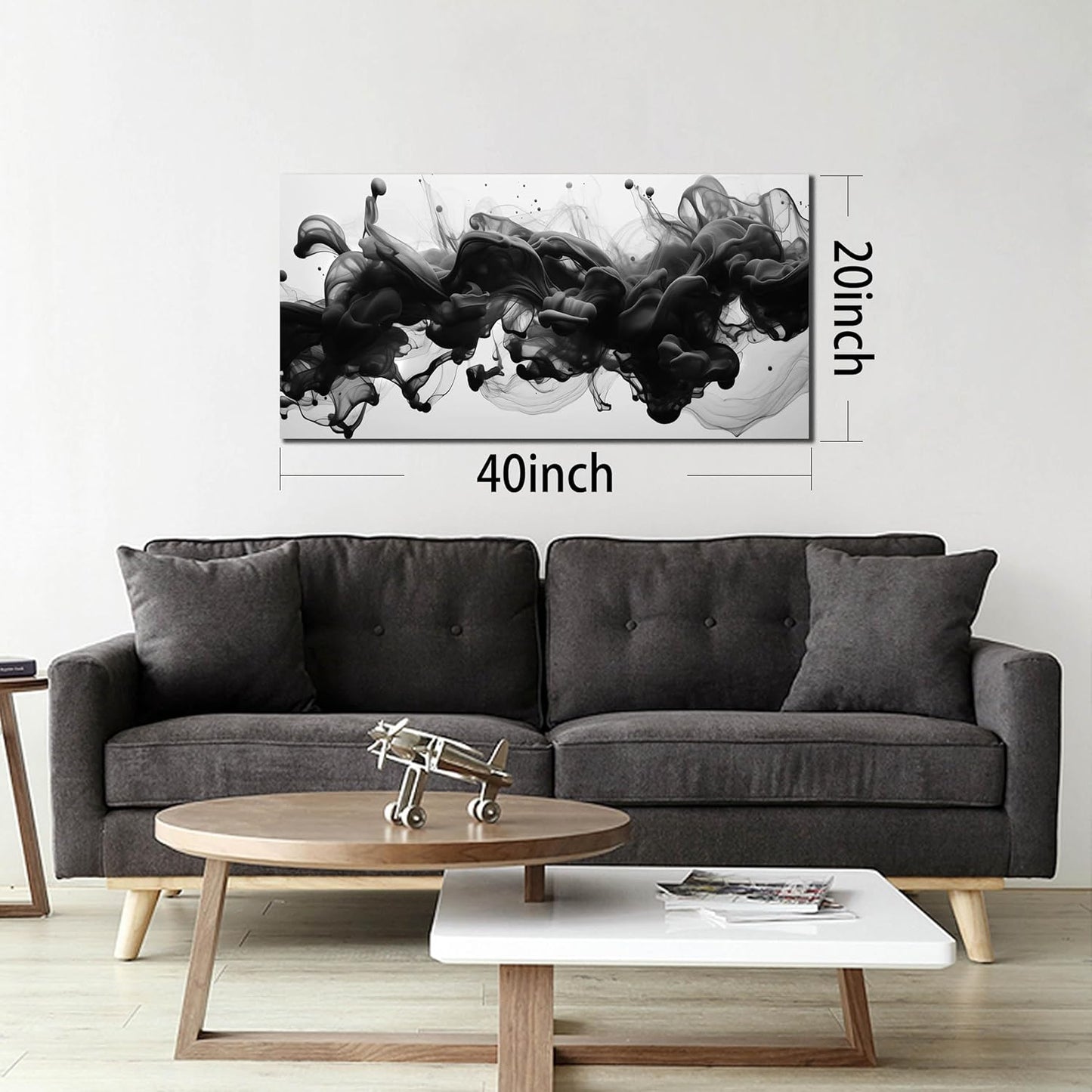 Abstract Black Wall Art - Contemporary Minimalist Canvas Print for Living Room | 40x20 Inches