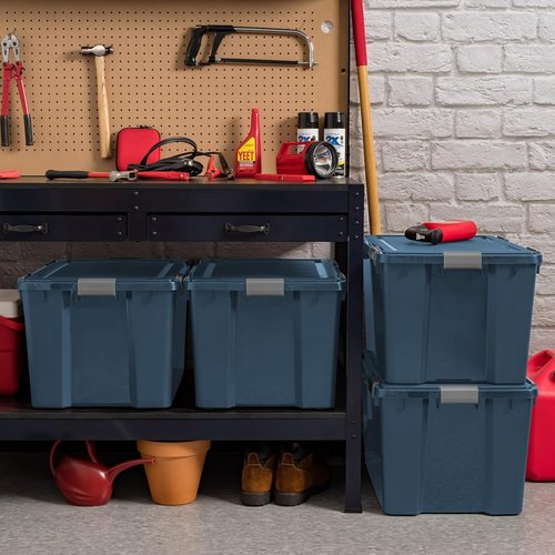 IRIS USA WeatherPro 74 Qt Eco-Friendly Storage Bins - BPA-Free, Stackable & Nestable, 4 Pack - Navy