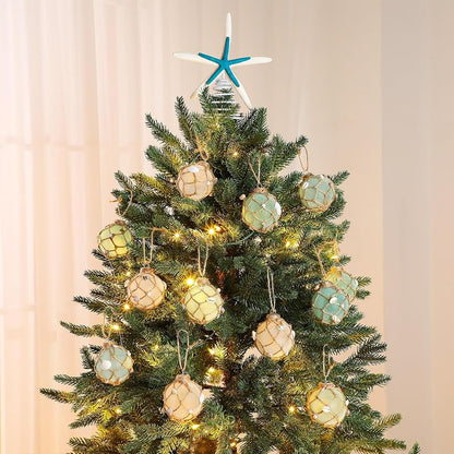 Coastal Christmas Tree Topper with 12 Glass Ornaments – Starfish & Seashell Beach Decor