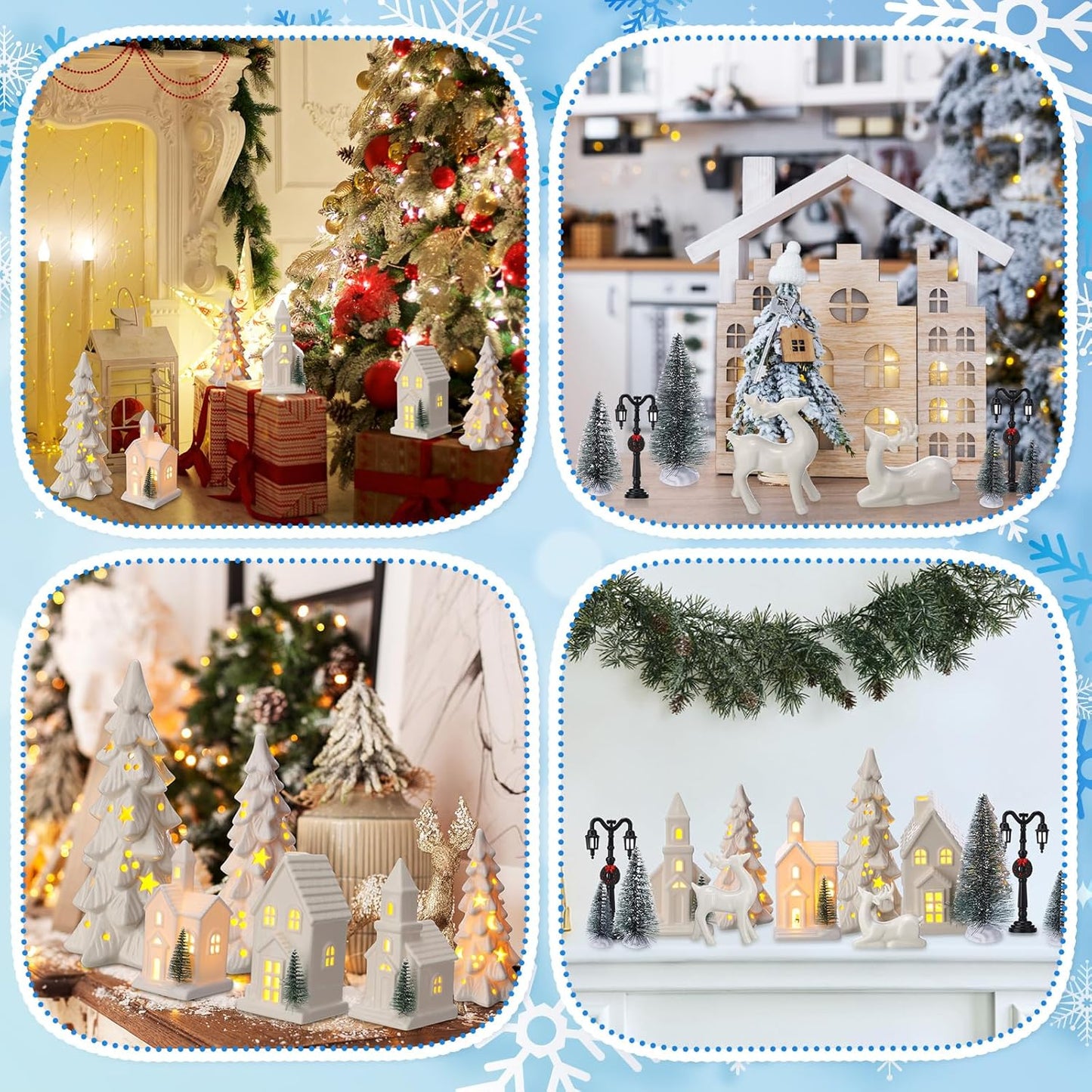 Nuogo 14 Pcs Ceramic White LED Christmas Village Houses Set | Includes Tree & Reindeer Figurine