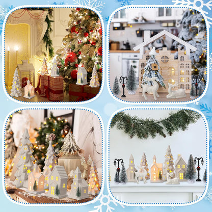 Nuogo 14 Pcs Ceramic White LED Christmas Village Houses Set | Includes Tree & Reindeer Figurine