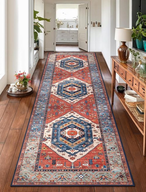 **SERISSA Runner Rug - Washable Non-Slip Kitchen Rug | Vintage Rust Boho Design, 2'6"x10'**