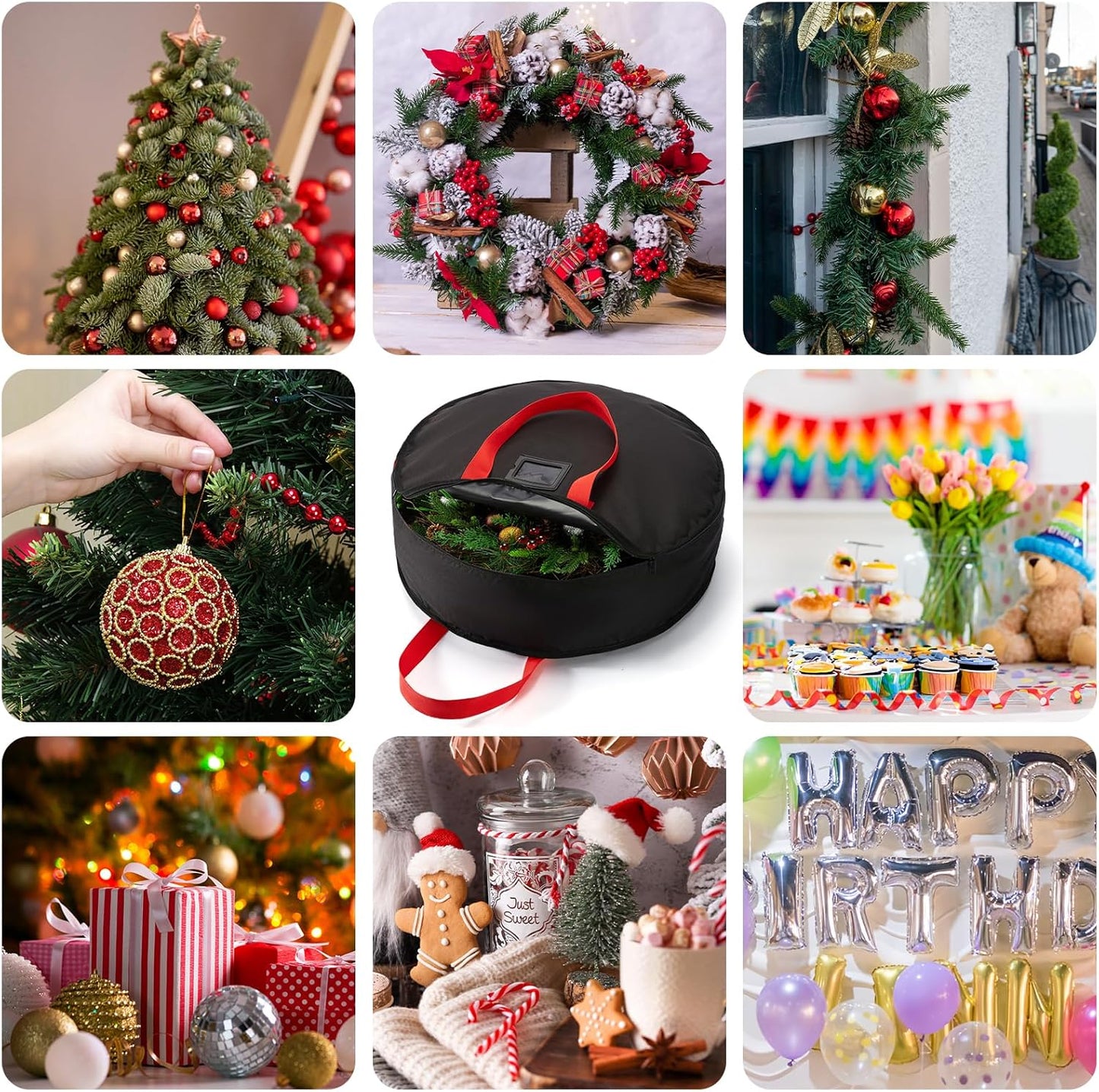 Skiennix Wreath Storage Bag - Heavy-Duty 24" Container for Christmas & Holiday Ornaments - Black