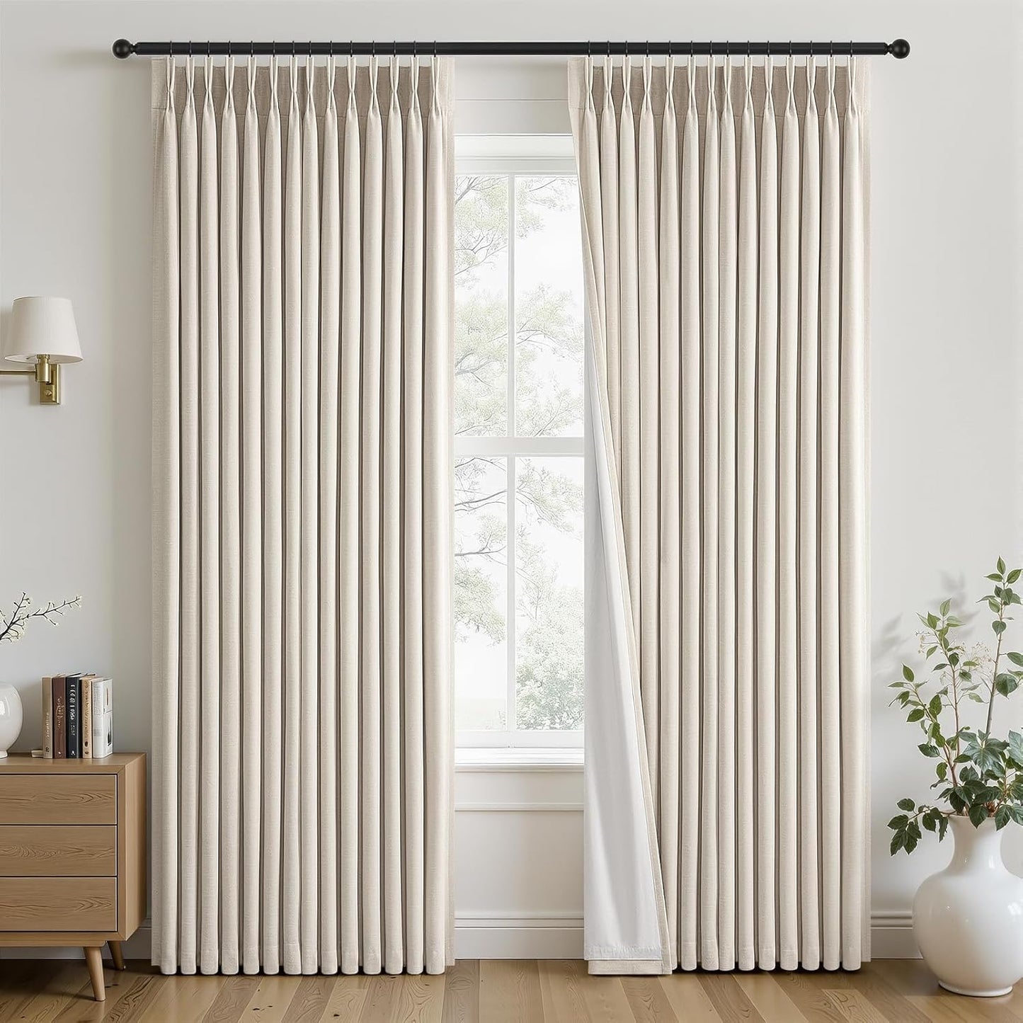 Topfinel Oatmeal Blackout Curtains - 84 Inch Long Pinch Pleated Drapes | Energy-Efficient Flax Linen, 2 Panels Set