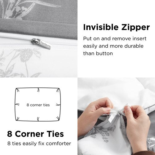 Bedsure Duvet Cover King Size - Reversible Floral Duvet Cover Set with Zipper Closure, 3 Pieces Grey Bedding Set with 8 Corner Ties and 2 Pillowcases 20"x36"