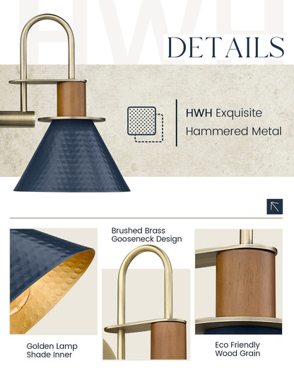 Industrial Wall Sconces Set of Two, HWH Indoor Wall Sconce 1-Light Barn Vanity Light, Gooseneck Wall Lamp for Bathroom Bedroom Bedside Kitchen, Hammered Metal Shade, Navy Blue Finish, 5HZG74B-2 BL+BG