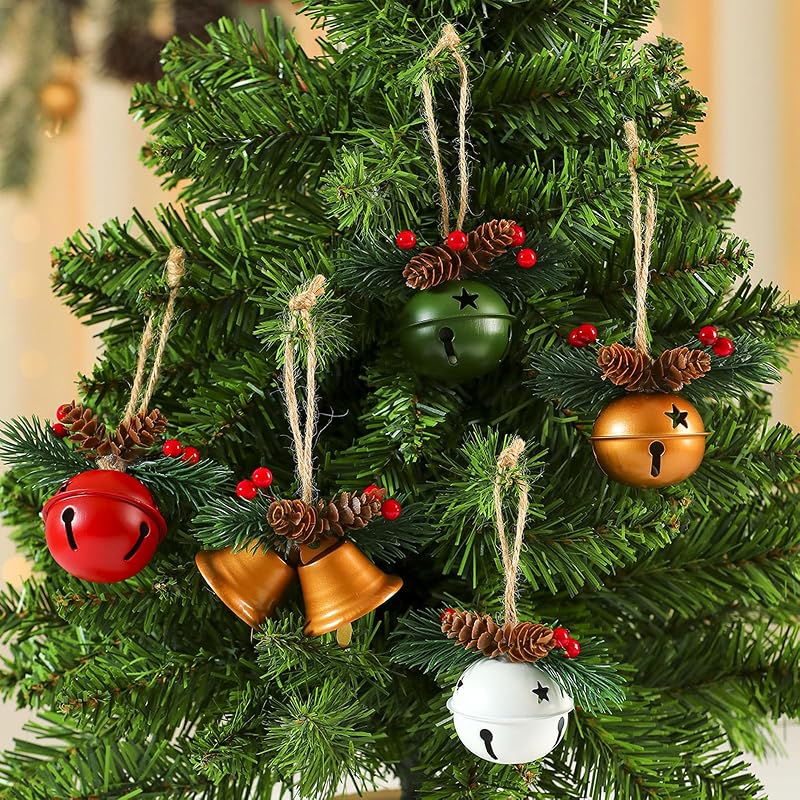 5-Pack Christmas Bell Ornaments Set for Tree, Wreath, Window & Mantel - Red, Green, Gold & White