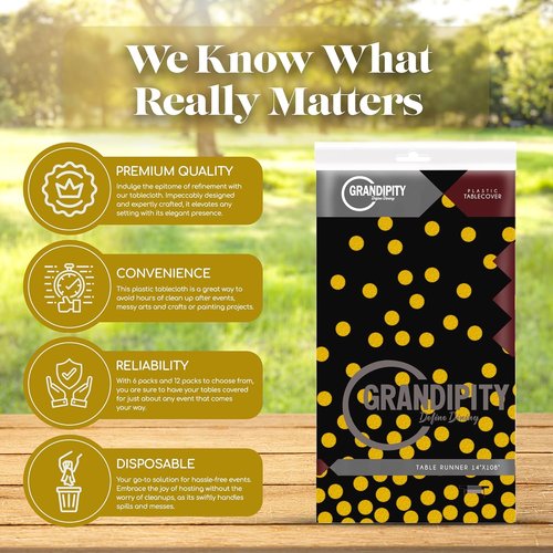 Grandipity Gold Dot Tablecloth - Premium Disposable Plastic Cover | 54" x 108" Rectangle, Black
