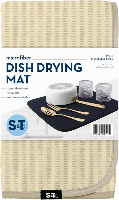 S&T INC. Dish Drying Mat - Absorbent Microfiber Kitchen Counter Pad, 16” x 18”, Cream Distressed Lines