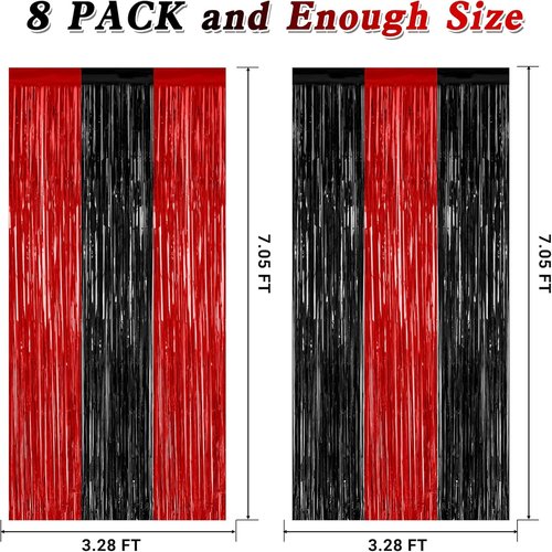 8 Pack Halloween Party Supplies - Red & Black Foil Streamer | 3.28 FT x 7.05 FT Metallic Fringe Curtains