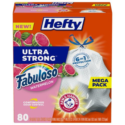 Hefty Ultra Strong 13 Gallon Trash Bags, Tall Kitchen Trash Bags 13 Gallon Size, Resist Leaks, Punctures, and Rips, Continuous Odor Control, White, Fabuloso Watermelon Scent, 80 Bags