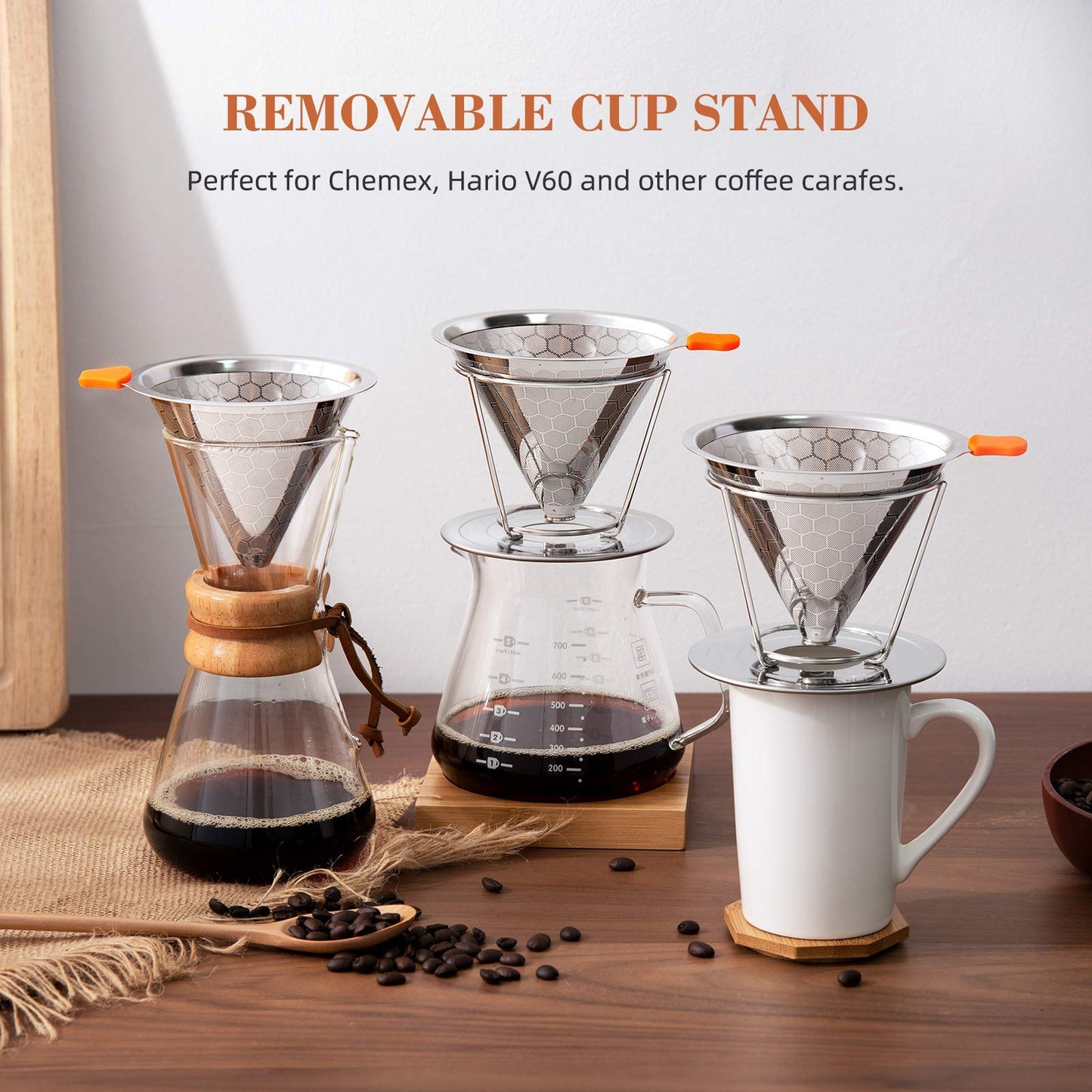 E-PRANCE Pour Over Coffee Dripper, Stainless Steel Coffee Filter Reusable Pour Over Coffee Filter Cone Coffee Dripper with Removable Cup Stand and Bonus Brush