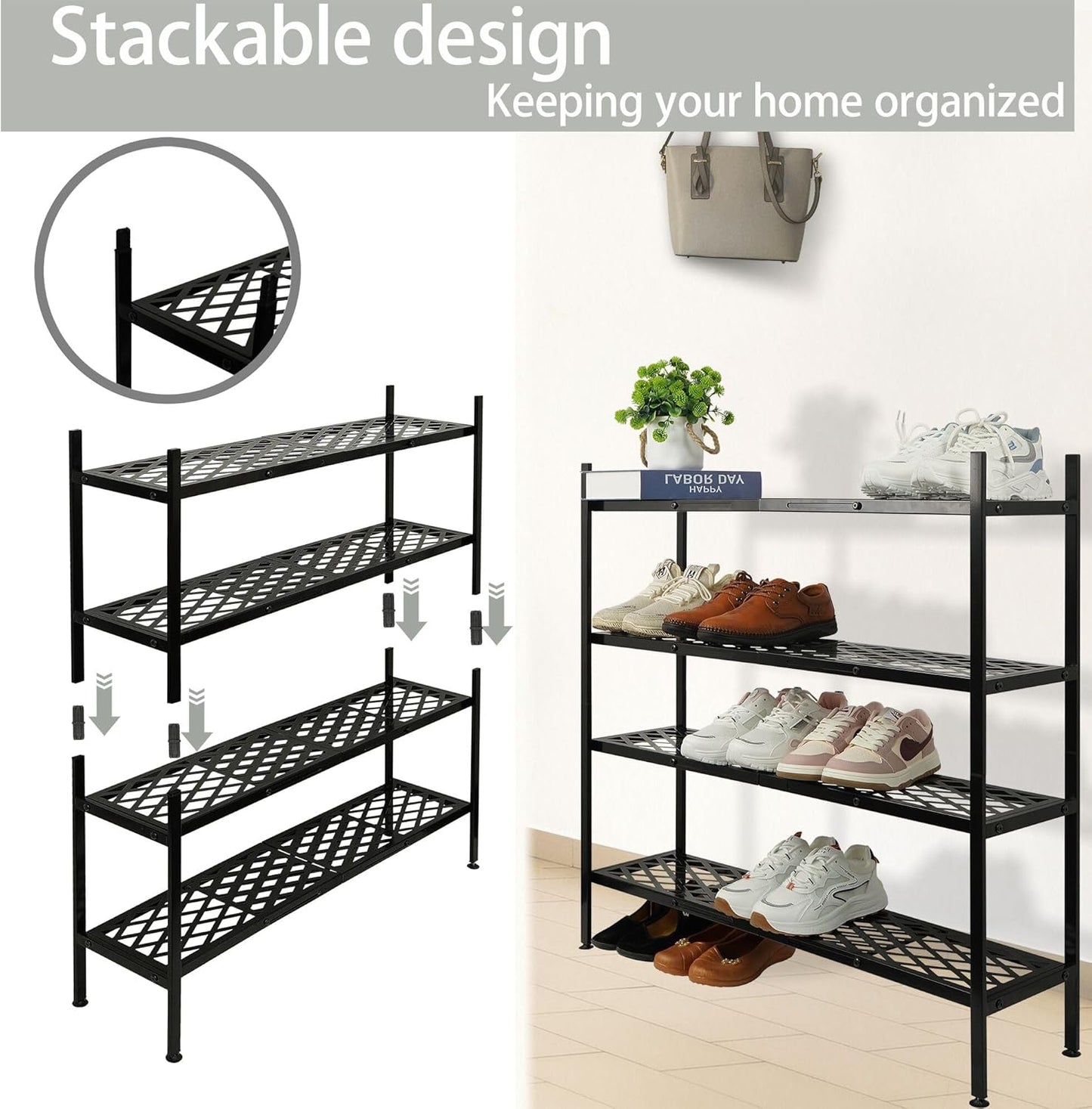 Skiennix Expandable Shoe Rack - 2-Tier Metal Organizer for 12-18 Pairs | Black, 45.6 Inches
