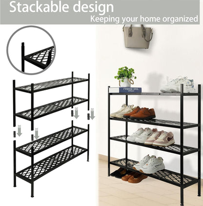 Skiennix Expandable Shoe Rack - 2-Tier Metal Organizer for 12-18 Pairs | Black, 45.6 Inches