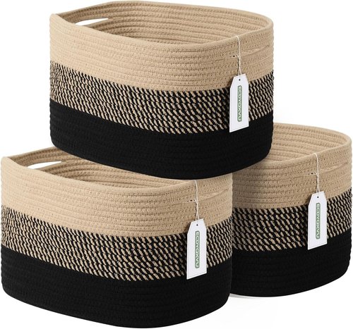 ECDYQXVU Cotton Rope Storage Basket - Woven Organizer for Shelves, Clothes & Towels | 15x10x9 Inches, Gradient Black/Brown (3 Pack)